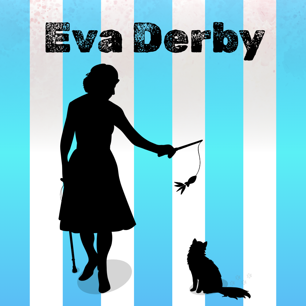 Rendu de la pochette. On y voit deux silhouettes : Une femme avec une canne pour marcher dans une main et une canne jouet pour chat dans l'autre qu'elle secoue au-dessus de la deuxième silhouette ; un chat assit à côté d'elle. Le fond est blanc et bleu rayé, qui est plus sale en haut de l'image, tâché. Le titre Eva Derby est écrit avec une police abimée.